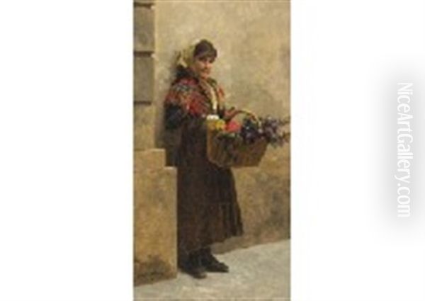 Girl With Flower Basket Oil Painting by Louis Emile Adan