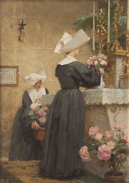 Deux Religieuses Decorant Un Autel Oil Painting by Louis Emile Adan