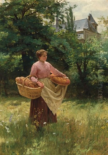 Girl With Loaves Of Bread Oil Painting by Louis Emile Adan