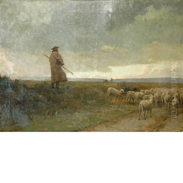 A Shepherd And His Flock Oil Painting by Louis Emile Adan