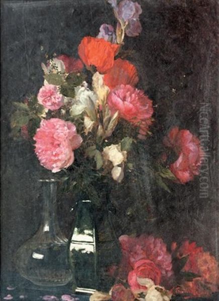 Nature Morte Aux Fleurs Et A La Carafe Oil Painting by Louis Emile Adan