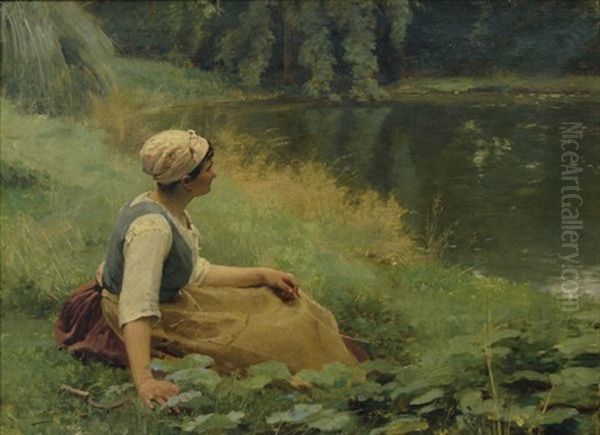 Jeune Femme Au Repos Devant Un Etang Oil Painting by Louis Emile Adan