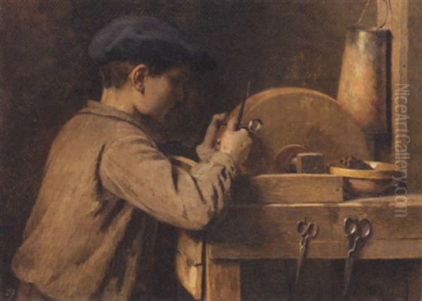 A Young Female Grinding Scissors Oil Painting by Louis Emile Adan