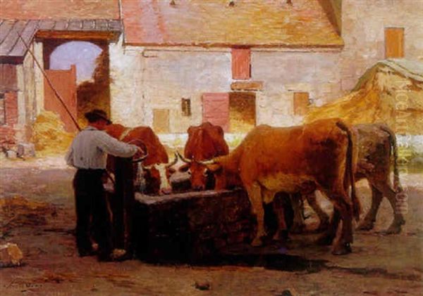 Cows Drinking From A Trough In A Farmyard Oil Painting by Louis Emile Adan