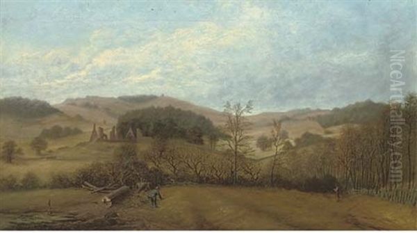 Bradgate Park, Leicestershire, With The Ruins And Old John Oil Painting by John Wilton Adcock