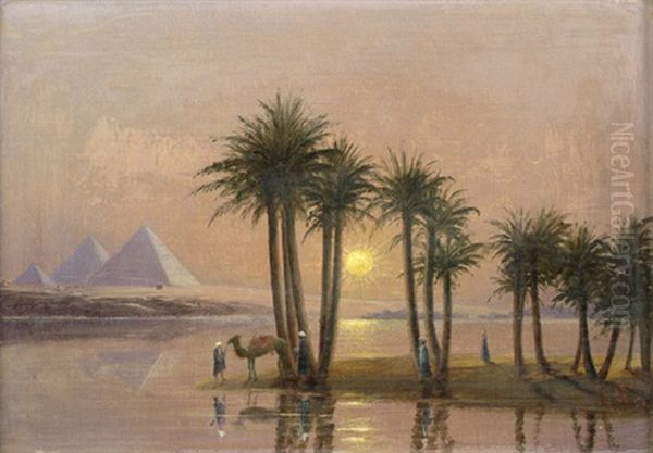 Ansicht Der Pyramiden Von Gizeh Im Sonnenuntergang Oil Painting by Karl Gabriel Adelskoeld