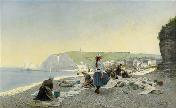 Tvatterskor Pa Stranden, Etretat - Normandie Oil Painting by Gustaf Adelsward