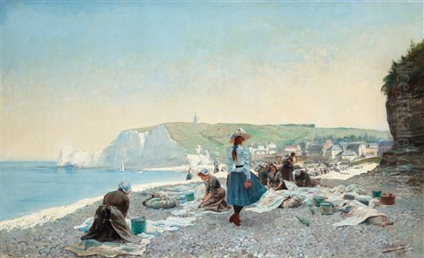 Tvatterskor Pa Stranden, Etretat, Normandie Oil Painting by Gustaf Adelsward