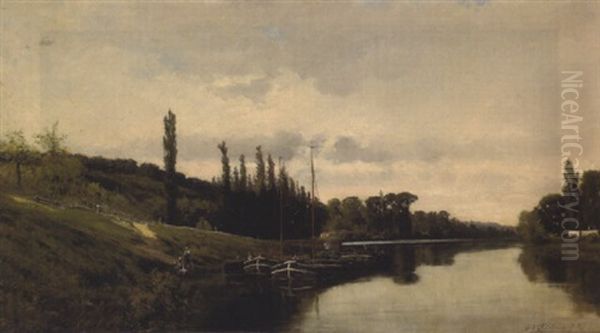 Peniches Dans Un Paysage Fluvial Oil Painting by Gustaf Adelsward