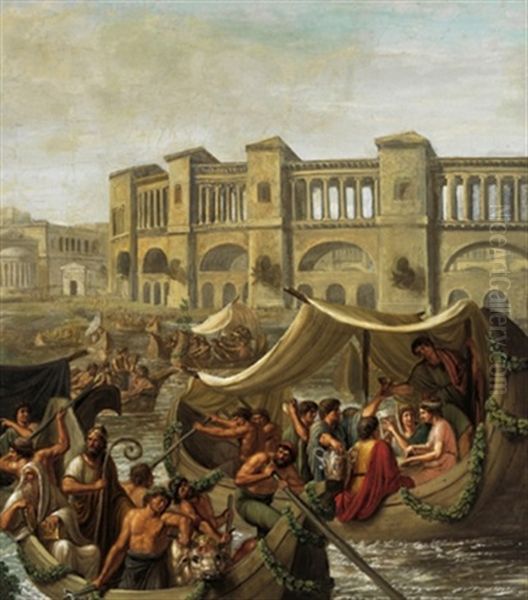 Festa In Roma Antica Sul Fiume Tevere In Barca Oil Painting by Luigi Ademollo