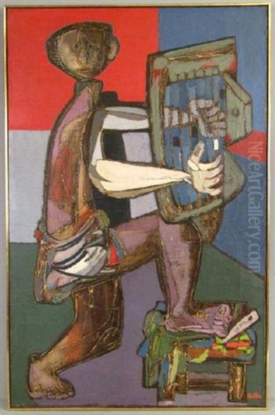 King David Playing A Sitar Oil Painting by Jankel Adler