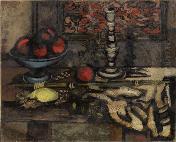 Still Life With Fruit And Candlestick Oil Painting by Jankel Adler