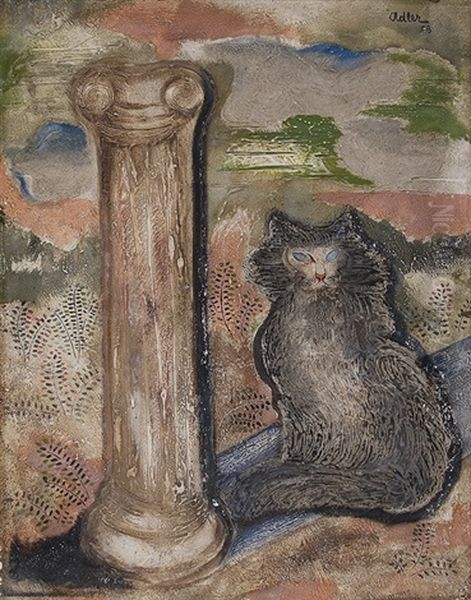 Cat With Ionic Column Oil Painting by Jankel Adler