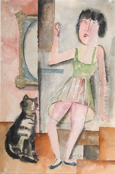 Girl And Cat Oil Painting by Jankel Adler