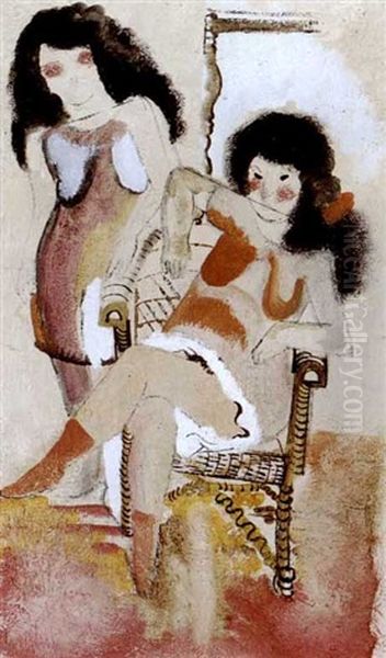 Zwei Madchen (+ Mehrfigurige Szene Und Weibliche Akte, Brush And Ink, Verso) Oil Painting by Jankel Adler