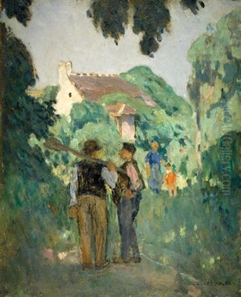 Two Figures In A Landscape Oil Painting by Jules Adler