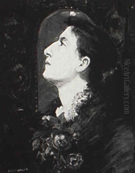 Portrait Of A Woman With A Bouquet Of Roses Oil Painting by Jules Adler