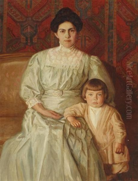 Mother And Child Oil Painting by Oscar F. Adler