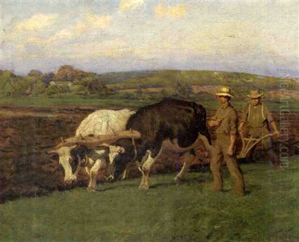 Farm Scene With Men Plowing A Field Oil Painting by Oscar F. Adler