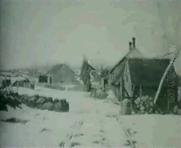 Farm Scene In Winter Oil Painting by Oscar F. Adler