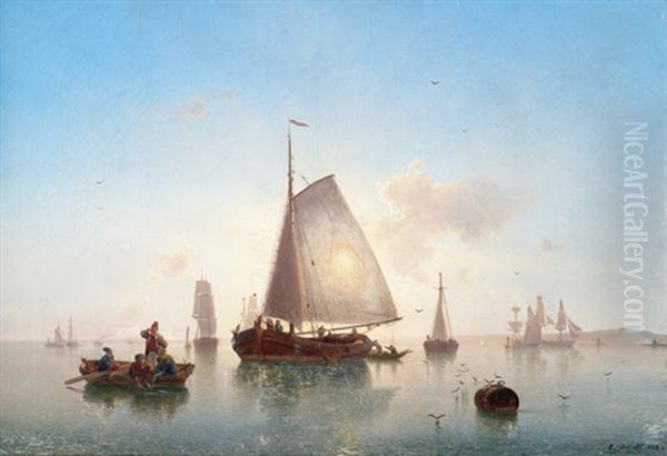 Segelschiffe Vor Abendlicher Kustenlandschaft Oil Painting by Karl Adloff