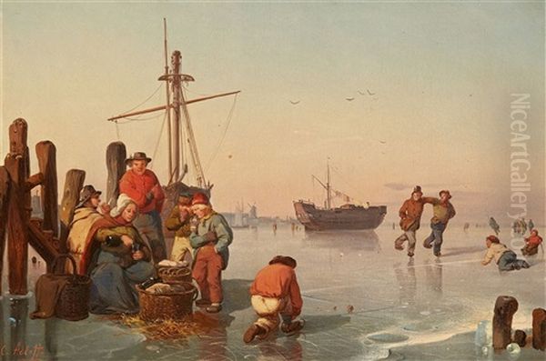 Skaters On A Frozen Canal Oil Painting by Karl Adloff