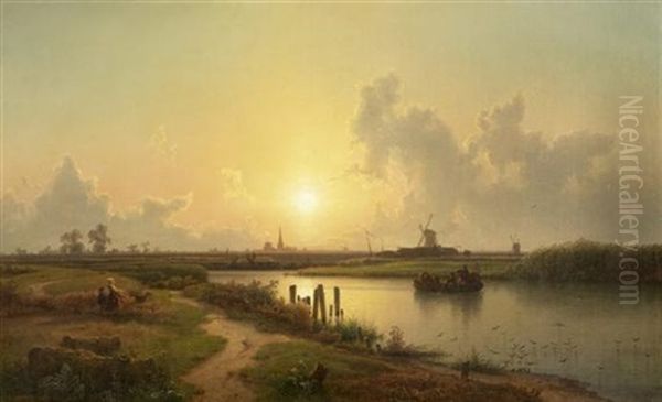 Sonnenuntergang In Niederlandischer Flusslandschaft Oil Painting by Karl Adloff