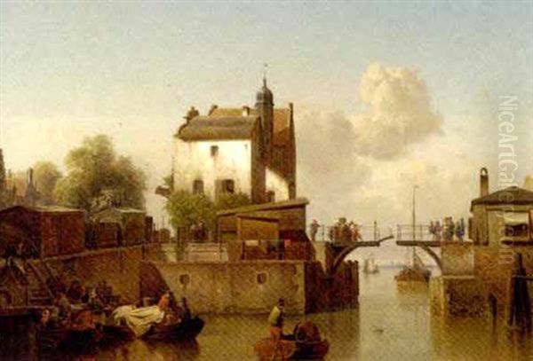 A Canal With Figures Embarking On Fishing Boats And Others On The Locke Oil Painting by Karl Adloff