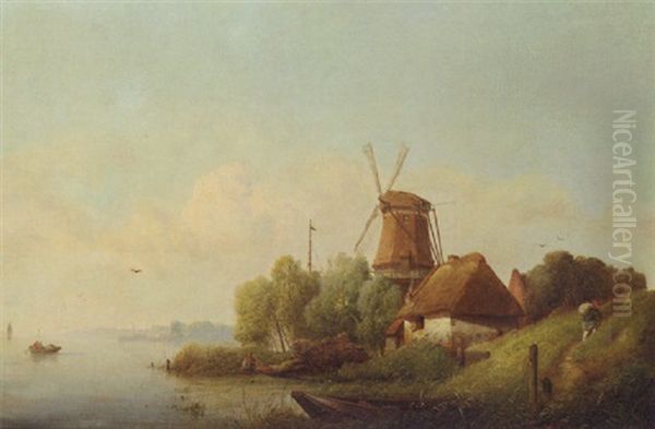 A Summer Landscape With A Windmill On A Riverbank Oil Painting by Karl Adloff