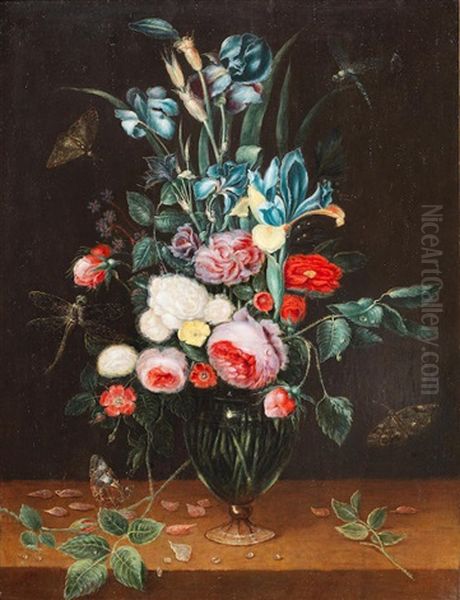 Irises, Roses And Other Flowers In A Glass Vase On A Wooden Table With Butterflies And Dragonflies Oil Painting by Alexander Adriaenssen the Elder