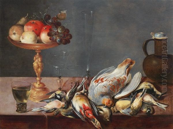 Still Life With A Tazza Of Fruit, Birds, Glasses And A Stoneware Jug Oil Painting by Alexander Adriaenssen the Elder