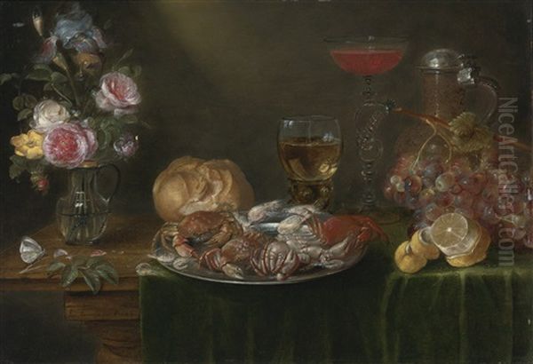 A Still Life With A Platter Of Crabs And Shrimp, A Glass Jug Of Flowers, A Roemer And A Long-stemmed Tazza Of Wine, An Earthenware Jug, A Loaf Of Bread, A Bunch Of Grapes And A Half-peeled Lemon Oil Painting by Alexander Adriaenssen the Elder