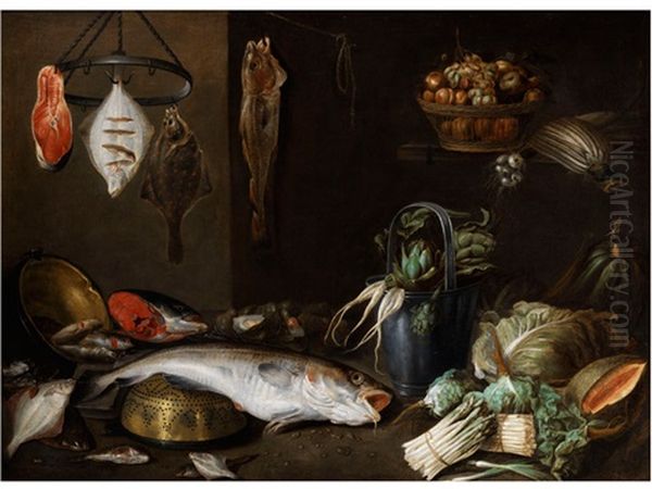 Grosses Stilleben Mit Fischen, Fruchten, Gemuse Sowie Kuchengerat Oil Painting by Alexander Adriaenssen the Elder