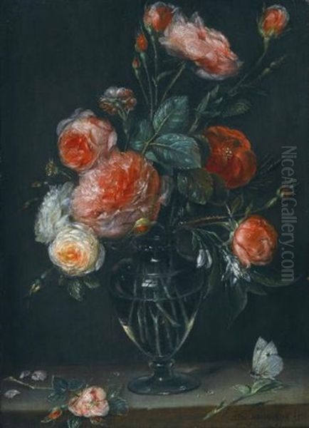 Still Life Of Roses In A Glass Jar On A Stone Ledge With A Butterfly Oil Painting by Alexander Adriaenssen the Elder