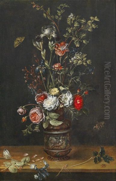 Blumenstraus Mit Rosen, Tulpen, Iris, Und Einer Mimose In Einer Ornamental Verzierten Tonvase, Mit Drei Schmetterlingen Und Einer Libelle Oil Painting by Alexander Adriaenssen the Elder