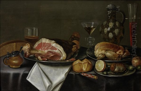 A Still Life With A Ham And Chicken On Silver Plates, Glasses Of Wine And Beer, A Bread Roll, A Peeled Lemon And An Earthenware Jug On A Table Draped With A Grey Cloth Oil Painting by Alexander Adriaenssen the Elder