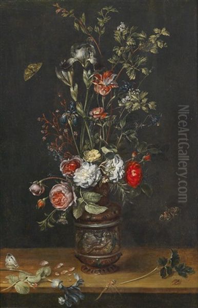 Blumenstraus Mit Rosen, Tulpen, Iris, Und Einer Mimose In Einer Ornamental Verzierten Tonvase Oil Painting by Alexander Adriaenssen the Elder