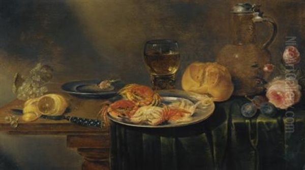 A Still Life With Roses, A Jug, A Loaf Of Bread, A Filled Wine Glass, Two Plates With Prawns And Crabs, A Knife, A Partly-peeled Lemon And Grapes Over A Partly-draped Table Oil Painting by Alexander Adriaenssen the Elder