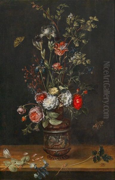 Blumenstraus Mit Rosen, Tulpen, Iris Und Einer Mimose In Einer Ornamental Verzierten Tonvase Oil Painting by Alexander Adriaenssen the Elder