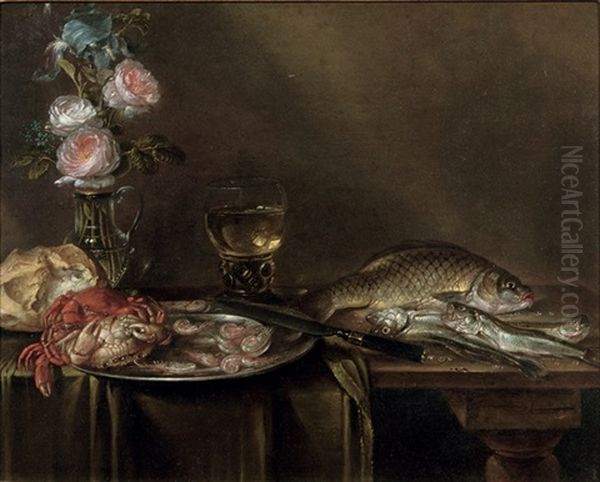 Roses And An Iris In A Glass Vase, Crabs And Prawns On A Pewter Platter, A Bread Roll, A Roemer And Fish, All On A Partly Draped Table Oil Painting by Alexander Adriaenssen the Elder