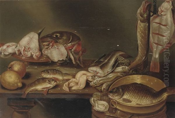 A Lemon, A Peach, Fish Heads On A Plate, A Pike And A Flatfish On A Hook And Eels, All On A Wooden Table Oil Painting by Alexander Adriaenssen the Elder