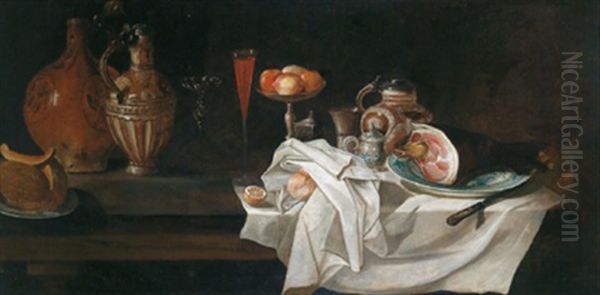 Mahlzeitstillleben Mit Rheinischen Steinzeuggefasen, Einem Schinken Und Einer Obstschale Oil Painting by Alexander Adriaenssen the Elder