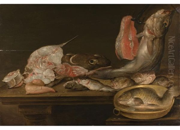 Stilleben Mit Fischen Und Einer Scheibe Lachs Auf Tischplatte Oil Painting by Alexander Adriaenssen the Elder