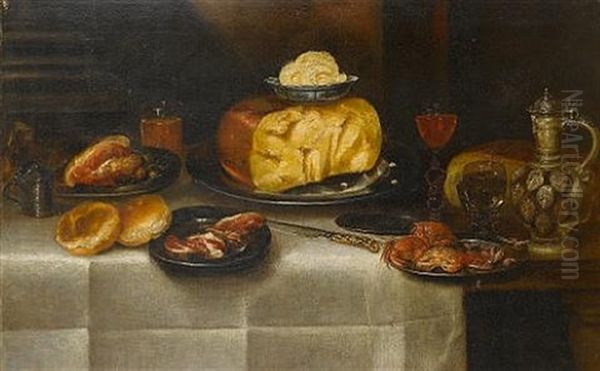 Cheese, Ham, Bread, Crabs, Two Glasses, An Inlaid Knife And A Bembel On A Table Top Oil Painting by Alexander Adriaenssen the Elder