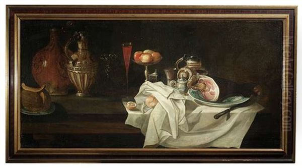 Groses Fruhstucksstilleben Mit Einem Schinken Auf Einem Teller, Krugen, Obstschale, Pokal Mit Rotwein Und Aufgeschnittener Melone Oil Painting by Alexander Adriaenssen the Elder