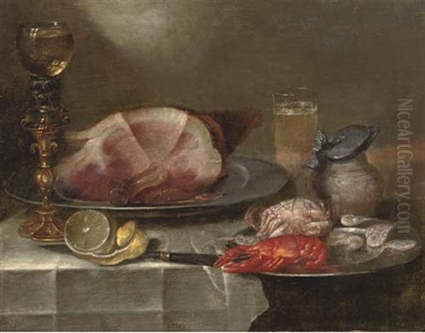 A Ham On A Pewter Plate, A Roemer On A Stand, A Partially Peeled Lemon, A Pewter Plate With A Lobster, A Crab And Shrimps, A Pitcher And A Glass Of Beer Oil Painting by Alexander Adriaenssen the Elder