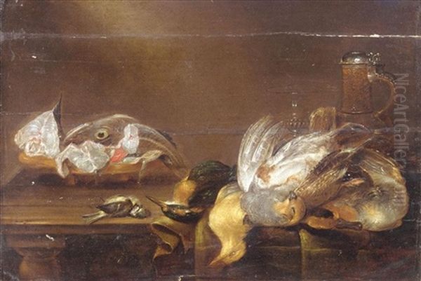 Still Life With A Bowl Of Fish, A Glass, A Flagon, A Partridge, A Kingfisher, A Blue Tit And Other Songbirds On A Wooden Table Oil Painting by Alexander Adriaenssen the Elder