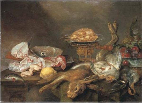 A Hare, A Teal, A Partridge And Fish On A Partly-draped Table With A Roast Chicken On A Brazier, And A Blue And White Porcelain Bowl... Oil Painting by Alexander Adriaenssen the Elder