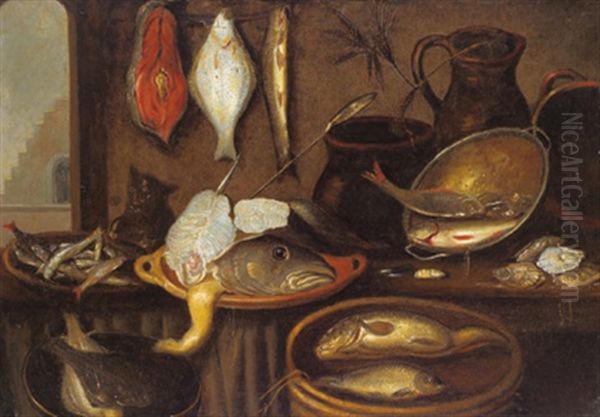 Stillleben Mit Fischen Und Einer Katze In Einer Kuche Oil Painting by Alexander Adriaenssen the Elder