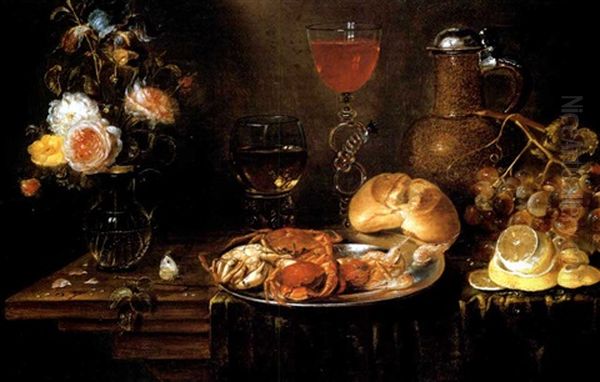 Roses And An Iris In A Glass Vase, Crabs And Prawns On A Pewter Platter, A Facon-de-venise Wineglass, A Stoneware Ewer, A Bunch Of Grapes, A Bread Roll And A Roemer On A Partly-draped Table Oil Painting by Alexander Adriaenssen the Elder